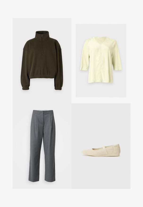 Olive roheline lühike sweatshirt, mis on valmistatud pehmest kangast, kõrge krae, pooltõmblukuga kinnituse ja elastsete varruka- ja alumiste äärtega.; Heledat kollast värvi V-kaelusega särk kolmeveerandvarrukatega ja esiküljel ning varrukatel nähtavate õmblusdetailidega.; Hallid kohandatud püksid sirge sääre lõikega, mis on varustatud sileda tekstuuri, ees olevate voldikute ja küljetaskutega. Nähtavaid riistu või aksessuaare pole.; Beezid balletikingid, millel on sujuv nahast välimus, mandli kujuline nina ja elastne rihm üle jala, millel on peened õmblustavad detailid.