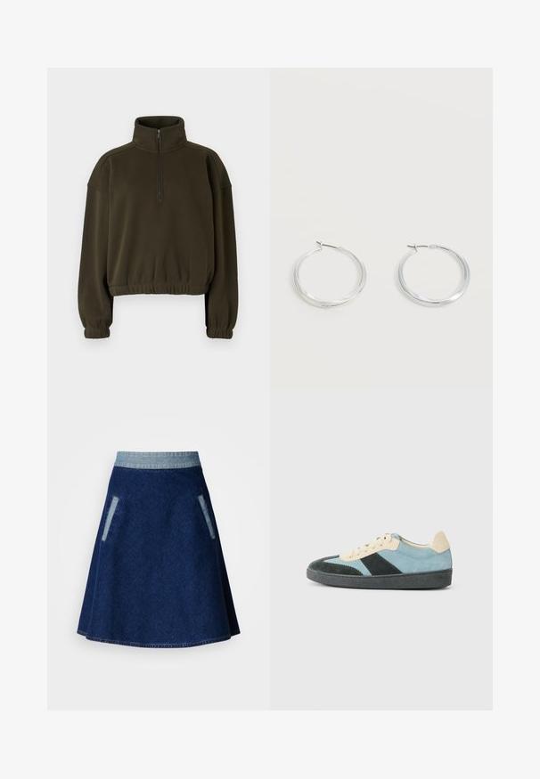 Olive roheline lühike sweatshirt, mis on valmistatud pehmest kangast, kõrge krae, pooltõmblukuga kinnituse ja elastsete varruka- ja alumiste äärtega.; Tumesinine teksariidest A-lõikeline seelik, heledama teksavöökohtade ja kahe küljetaskuga. Omab õmmeldud serva ja siledat tekstuuri.; Madala säärega tennisajalgade paar helesinisest, tumerohelisest ja beežist sametist, musta talla ja beežide stringsidega, nähtuna välisküljelt.; Hõbedased metallist rõngakujulised kõrvarõngad, millel on sile, kergelt kaarduv pind ja lukustuvad tagused kinnitused, valgel taustal.