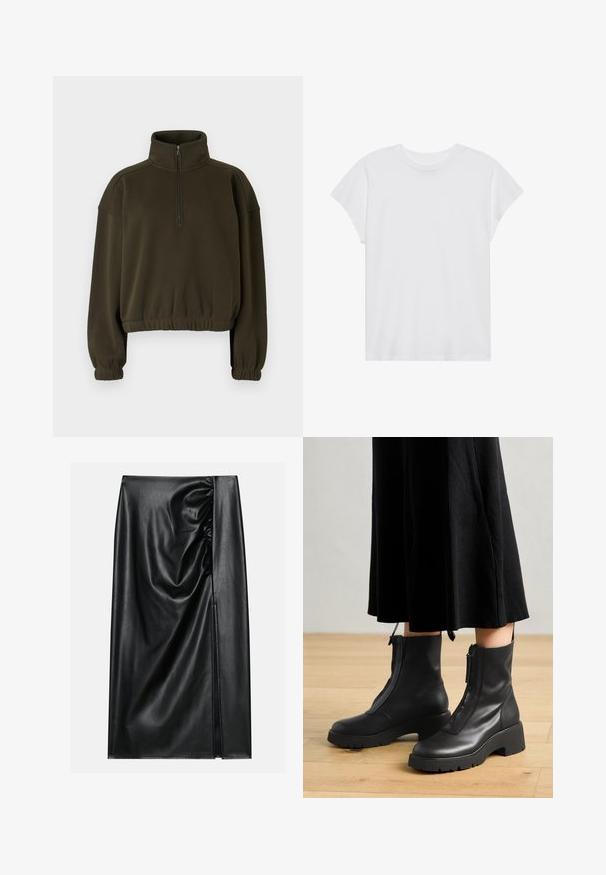Olive roheline lühike sweatshirt, mis on valmistatud pehmest kangast, kõrge krae, pooltõmblukuga kinnituse ja elastsete varruka- ja alumiste äärtega.; Valge lühikeste varrukatega T-särk ümmarguse kaelusega, lõdnema sobivusega, valmistatud pehmest puuvillakangasest. Sile tekstuur, ilma mustrite ja logodeta.; Must värviline nahkseelik sileda tekstuuriga, featuring ühel küljel kogutud osa ja külgauk, mis annab lisadetaile.; Mustad nahast pahkluu saapad paksu platvormitaldadega ja esise closinguga. Sile tekstuur ja minimalistlik disain.