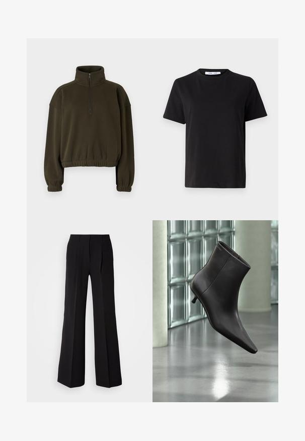 Oliven grøn cropped sweatshirt lavet af blødt stof, med høj krave, halv lynlås lukning og elastiske manchetter og kant.; Sort t-shirt med korte ærmer fremstillet af blødt bomuld, med rund halsudskæring, afslappet pasform og en glat overflade. Ingen synlige mønstre eller grafik.; Sorte bukser lavet af glat stof, med høj talje, bred ben silhuet og to frontfolder for ekstra design detaljer.; Sort læderankelstøvle med spids tå og lille hæl vist mod en væg af glasblokke og poleret gulv baggrund.