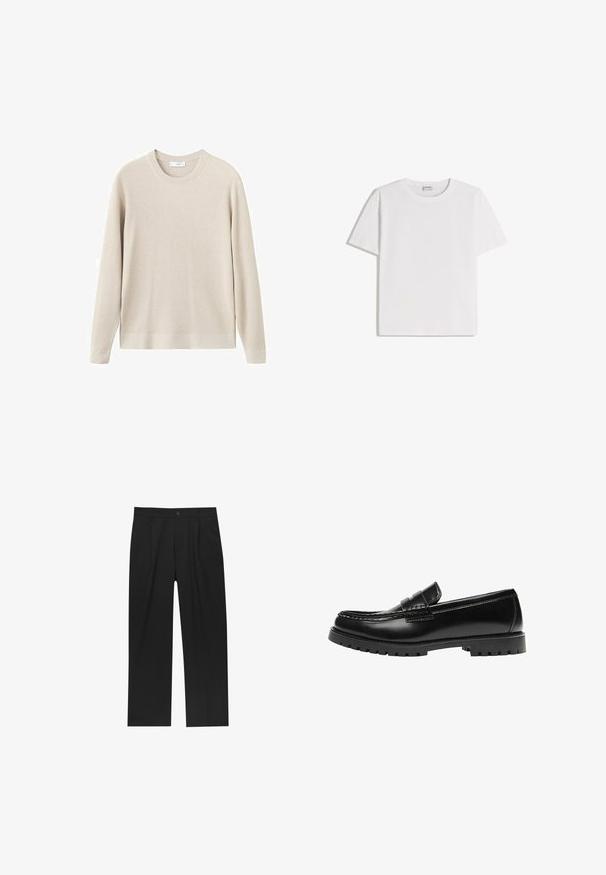 Pull beige côtelé à manches longues et col rond. Fabriqué dans un matériau doux, il présente une coupe décontractée et des détails minimaux.; T-shirt en coton blanc avec un col rond et des manches courtes. Présente une coupe classique et carrée, sans motifs ni accents visibles.; Pantalons noirs au design droit, fabriqués à partir d'un tissu lisse. Dotés de plis sur le devant et d'une fermeture à un bouton à la taille.; Mocassin en cuir noir avec une semelle en caoutchouc épaisse et un détail classique de bride à monnaie, vu de côté extérieur.