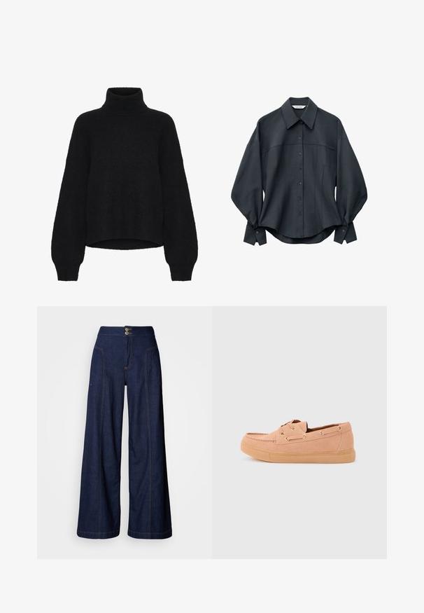 Pull en col roulé noir avec un design cropped, fabriqué à partir d'un tissu moelleux. Présente des manches larges et une texture côtelée au niveau du col.; Chemise noire oversize à boutons avec col large, manches longues bouffantes et coutures ajustées à la taille et à la poitrine.; Jean à jambes larges en denim foncé avec des surpiqûres orange contrastantes, deux poches avant et une fermeture à double bouton à la taille.; Chaussure décontractée à enfiler en daim marron clair avec semelle en caoutchouc et détails de lacets sur les côtés, sur un fond gris clair uni.