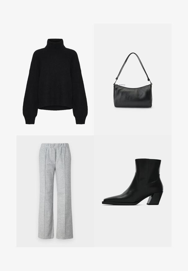 Sort turtleneck sweater med et cropped design, lavet af fluffy stof. Har brede ærmer og en ribbet tekstur ved kraven.; Grå, vide benbukser lavet af tekstureret stof; har en elastisk talje og plisserede frontdetaljer. Ren, minimalistisk design.; Sortlæder ankelstøvle med spids tå, en slank silhuet og en kraftig firkantet hæl. Glat tekstur med minimale stikninger.; Sort læder skuldertaske med en glat overflade, buet form og enkelt lang rem, med en lynlåslukning øverst.