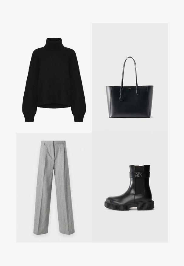 Sort turtleneck sweater med et cropped design, lavet af fluffy stof. Har brede ærmer og en ribbet tekstur ved kraven.; Høj talje grå bukser med lodrette striber og brede lige ben, præsenteret mod en hvid baggrund.; Sorte ankelstøvler lavet af blank læder med elastiske sidepaneler. Har en kraftig ribbet sål og en rem med "AIX" logo.; Sort lædertaske med lange stropper og lille gyldent "BOSS"-logo på fronten, vist mod en ensartet lys baggrund.