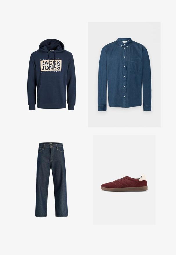 Marineblaue Kapuzenjacke aus Baumwollmischung, mit einer vorderen Kängurutasche, einem Kordelzug an der Kapuze und einem bedruckten Logo auf der Brust.; Knopfbares dunkelblaues Denim-Hemd mit langen Ärmeln, einer Brusttasche links und einem Button-Down-Kragen, dargestellt vor weißem Hintergrund.; Dunkelblaue gerade geschnittene Jeans mit Fronttaschen, Gürtelschlaufen und Knopfverschluss, vor weißem Hintergrund dargestellt.; Bordeauxrote Veloursledersneaker mit Schnürung vorne, strukturierten seitlichen Details und hellfarbigem Fersenakzent. Gummisohle mit glatter Oberfläche.