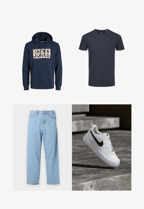 Hoodie bleu marine en mélange de coton, avec une poche kangourou à l'avant, un capuchon avec cordon de serrage et un logo imprimé sur la poitrine.; T-shirt à manches courtes bleu marine en coton avec un col rond et un ourlet droit. Design simple et uni, sans motifs ni accents supplémentaires.; Jean taille haute bleu clair, coupe droite, avec cinq poches et une fermeture à bouton et zip à l'avant.; Baskets blanches Nike Air Force 1 avec le swoosh noir, lacets attachés, en suspension dans les airs au-dessus d'une surface en béton texturé en extérieur.