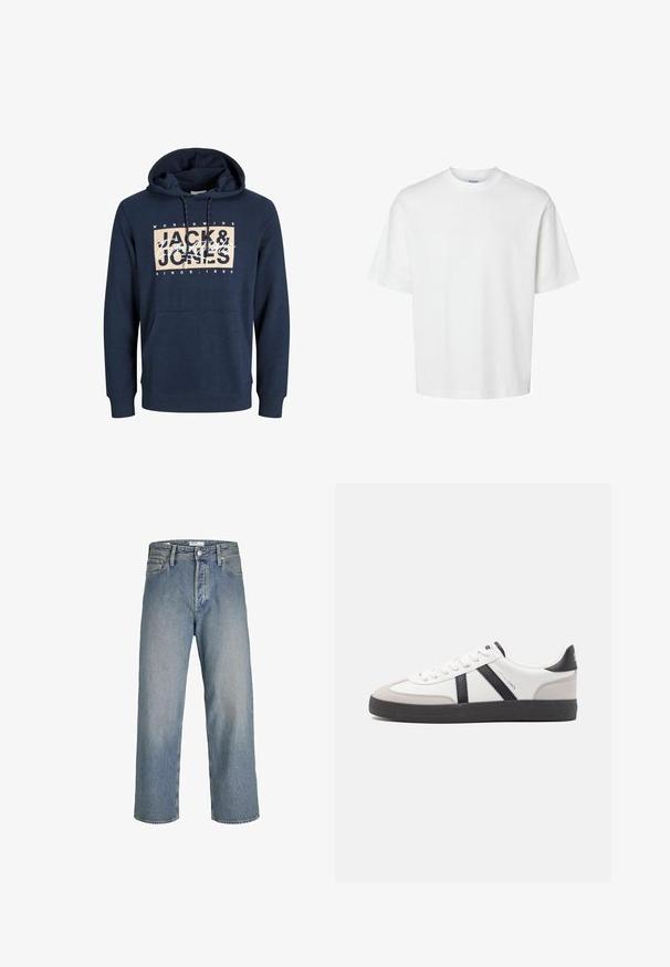 Hoodie bleu marine en mélange de coton, avec une poche kangourou à l'avant, un capuchon avec cordon de serrage et un logo imprimé sur la poitrine.; T-shirt blanc uni à manches courtes, col rond et coupe décontractée, présenté sur un fond blanc.; Jean en denim bleu clair avec une coupe ample, taille haute et jambes droites. Dispose de poches avant et d'une fermeture à bouton en métal.; Baskets blanches avec des accents noirs et gris, présentant un embout texturé gris, une semelle en caoutchouc noir et des lacets plats blancs. Design épuré, style minimaliste.