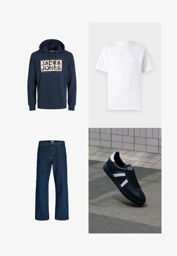 Marineblå hættetrøje lavet af bomuldsblanding, med en forlommelomme, snor i hætten, og et trykt logo på brystet.; Hvid kortærmet t-shirt lavet af bomuld med rund hals, der har en glat tekstur og et simpelt design uden mønstre eller accenter.; Mørkeblå straight-leg denimjeans med frontknap, lynlås og fem-lomme design.; Sort lædersneaker med hvide striber, tekstureret gummisål og snørrebånd foran. Har et brandet mærke på tungen.