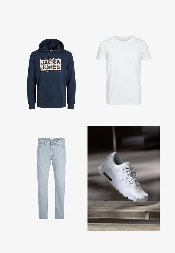 Marineblå hættetrøje lavet af bomuldsblanding, med en forlommelomme, snor i hætten, og et trykt logo på brystet.; Rundhals kortærmet t-shirt i ensfarvet hvid, lavet af blød bomuld, har et simpelt design uden synlige mønstre eller detaljer.; Lys blå denimjeans med lige pasform, der har en frontknaplukning, fem lommer og en diskret falmet tekstur.; Hvide Nike Air Max 90 sneakers med en overdel i mesh og læder, perforeret tåboks og en synlig luftenhed i hælen.