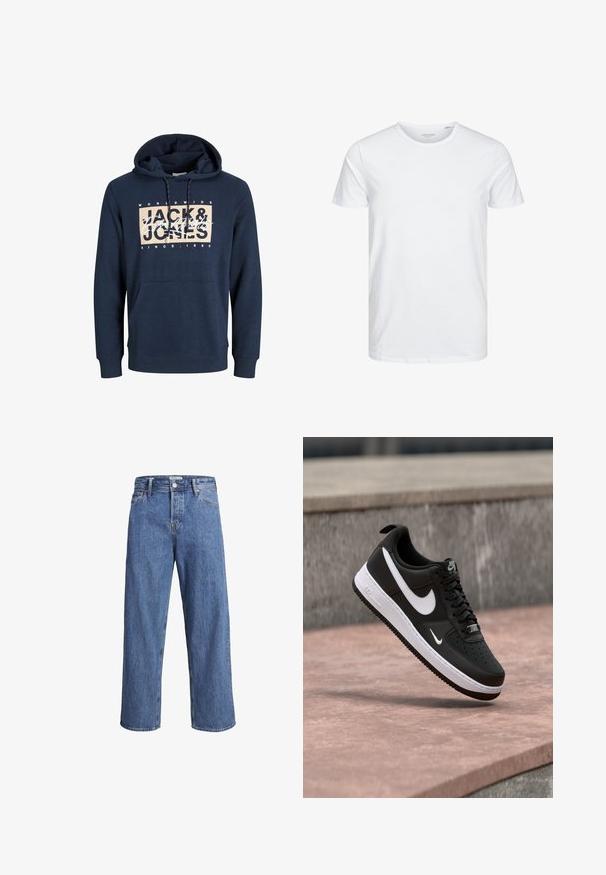 Marineblå hættetrøje lavet af bomuldsblanding, med en forlommelomme, snor i hætten, og et trykt logo på brystet.; Rundhals kortærmet t-shirt i ensfarvet hvid, lavet af blød bomuld, har et simpelt design uden synlige mønstre eller detaljer.; Lysblå denimjeans med en lige ben-design, høj talje og minimale syninger. Stoffet har en blød, let falmet tekstur.; Sort-hvid Nike Air Force 1 sneaker svævende over en lyserød betonflade med en grå stenbaggrund.