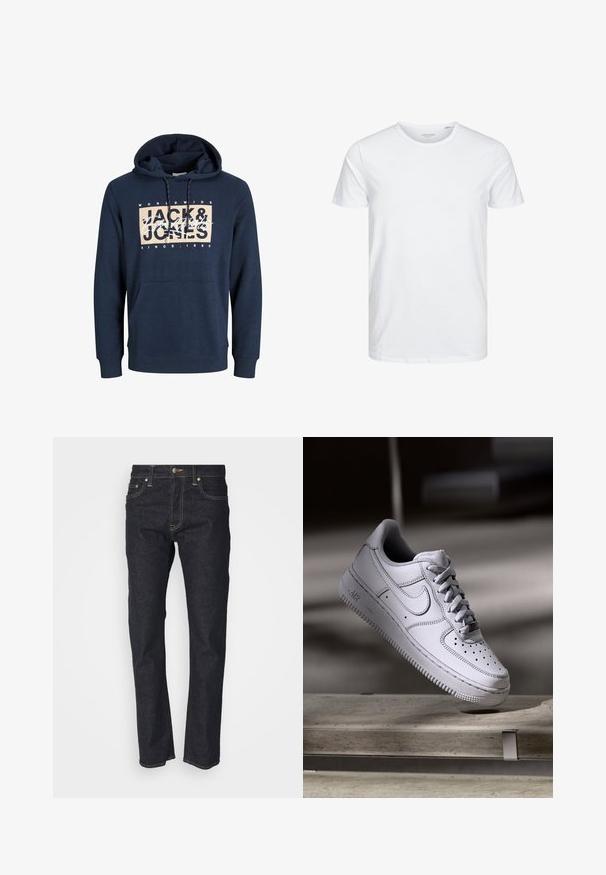 Marineblaue Kapuzenjacke aus Baumwollmischung, mit einer vorderen Kängurutasche, einem Kordelzug an der Kapuze und einem bedruckten Logo auf der Brust.; Rundhals-T-Shirt mit kurzen Ärmeln in reinem Weiß, aus weicher Baumwolle, mit einem schlichten Design ohne sichtbare Muster oder Akzente.; Dunkelblaue Jeans aus Denim mit geradem Schnitt, ausgestattet mit einem Knopfverschluss, fünf Taschen und goldenen Nähtelementen. Glatte Textur.; Weißer Nike Air Force 1 Sneaker aus Leder mit perforierter Zehenpartie, flachen Schnürsenkeln und strukturierter Gummisohle mit "AIR"-Branding an der Seite.