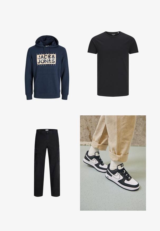 Marineblå hættetrøje lavet af bomuldsblanding, med en forlommelomme, snor i hætten, og et trykt logo på brystet.; Sort bomulds T-shirt med rund hals, korte ærmer og et enkelt design. Glat tekstur, ingen mønstre eller synligt tilbehør.; Sorte cargo bukser med lige ben, sidelommer, bæltestropper og knaplukning, vist på hvid baggrund.; Sorte og hvide Nike Air Force 1 sneakers med læderoverdel, perforeret tå og tekstureret såldetalje, båret med rullede beige bukser og hvide sokker.