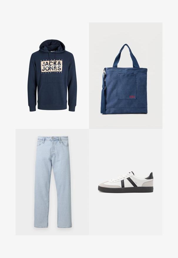 Marineblå hættetrøje lavet af bomuldsblanding, med en forlommelomme, snor i hætten, og et trykt logo på brystet.; Lyseblå jeans med lige ben, med knap- og lynlåslukning foran, bæltestropper og forlommer på hvid baggrund.; Hvide sneakers med sorte og grå detaljer, med en tekstureret grå tåhætte, sort gummisål og flade hvide snørebånd. Rent design, minimalistisk stil.; Blå lærredstote taske med frontlomme og rød "O.N.S" broderi, med to håndtag og en justerbar skulderrem.