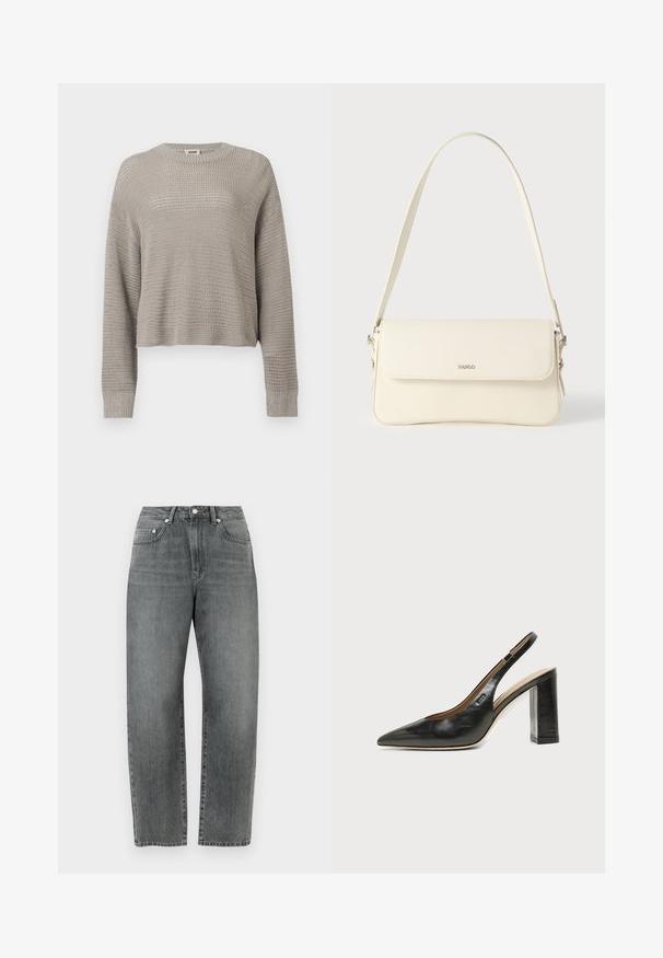 Pull gris clair à manches longues en maille, col rond et poignets côtelés, présentant un motif ajouré ample sur toute la surface.; Jean en denim gris avec une coupe droite, un design classique à cinq poches et des détails en boutons métalliques à l'avant.; Chaussure slingback en cuir noir à bout pointu avec un talon bloc haut et une doublure intérieure beige sur un fond clair uni.; Sac à bandoulière en cuir couleur crème avec fermeture à rabat, quincaillerie argentée, une bandoulière réglable et un logo discret.