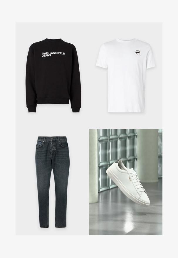 Čierna mikina s okrúhlym výstrihom a rebrovanými manžetami. Na prednej strane obsahuje biely nápis "KARL LAGERFELD JEANS". Mäkkó materiál.; Biela bavlnená tričko s malou čiernobielou grafikou na ľavej hrudi. Klasický okrúhly výstrih a krátke rukávy.; Tmavo šedé džínsy s rovnými nohavicami, piatimi vreckami, zapínaním na gombík a jemným vyblednutím. Vyrobené z bavlny s hladkou textúrou.; Biela kožená teniska s nízkym strihom, šnúrkami, čiernou pätovou záložkou a logom „BOSS“, ktorá visí vo vzduchu v interiéri pri stene zo sklenených blokov a leštenej podlahe.