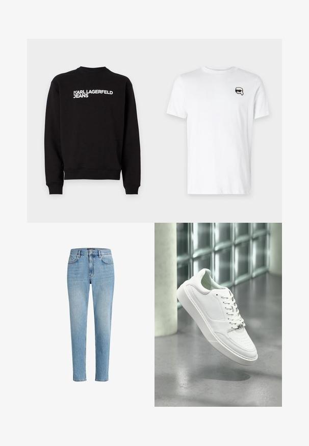 Sort sweatshirt med rund hals og ribbede manchetter. Har hvid tekst "KARL LAGERFELD JEANS" på forsiden. Blødt materiale.; Hvid bomulds-t-shirt med et lille sort og hvidt grafik på venstre brystområde. Klassisk rund hals og korte ærmer.; Lyseblå denimjeans med en afslappet pasform, fem-lomme-design og diskret slitage. Har et mærketikette nær livet.; Hvid sneakers i læder med rundet snude, snørelukning foran og flad gummisål. Har perforerede detaljer og subtilt logoaccent.