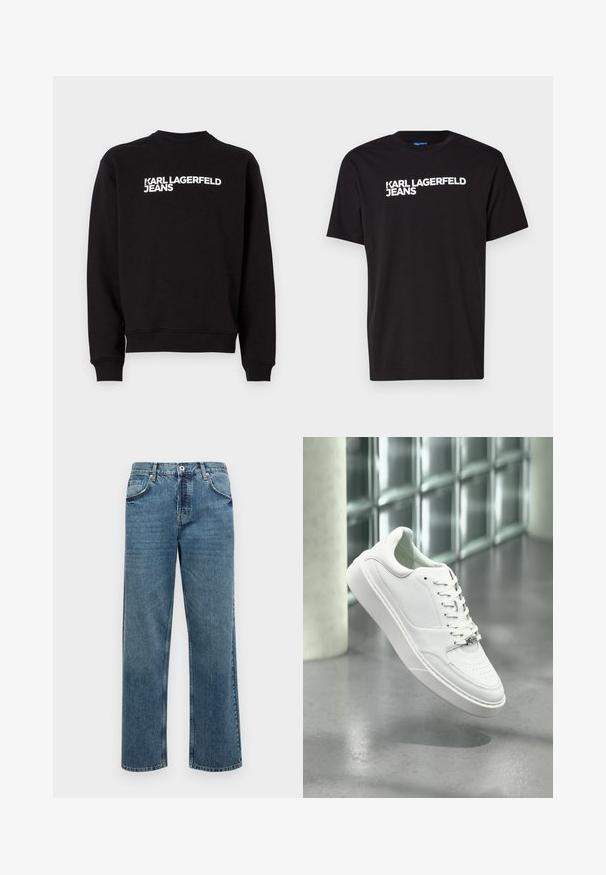 Sweatshirt noir avec un col rond et des poignets en côte. Présente le texte blanc "KARL LAGERFELD JEANS" sur le devant. Matière douce.; T-shirt en coton noir à manches courtes et col rond, arborant le texte blanc "KARL LAGERFELD JEANS" en diagonale sur le devant.; Jean en denim bleu à coupe droite, doté de cinq poches, d'une fermeture par bouton et zip, et de détails de couture visibles.; Baskets en cuir blanc avec un bout arrondi, une fermeture à lacets sur le devant et une semelle en caoutchouc plate. Présente des détails perforés et un accent discret du logo.