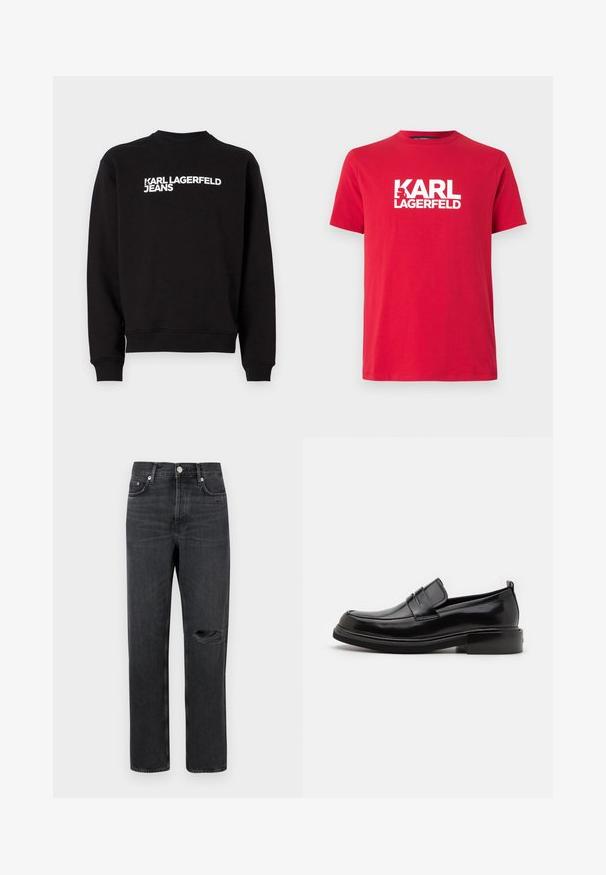 Sort sweatshirt med rund hals og ribbede manchetter. Har hvid tekst "KARL LAGERFELD JEANS" på forsiden. Blødt materiale.; Rød bomulds T-shirt med korte ærmer og rund hals, prydet med et stort hvidt logo print af "KARL LAGERFELD" på forsiden.; Sorte denim jeans med lige ben, der har et revnet knæ, fem-lomme design og metalbeslag ved taljen og lommerne.; Calvin Klein MOCCASIN - Business loafers - black