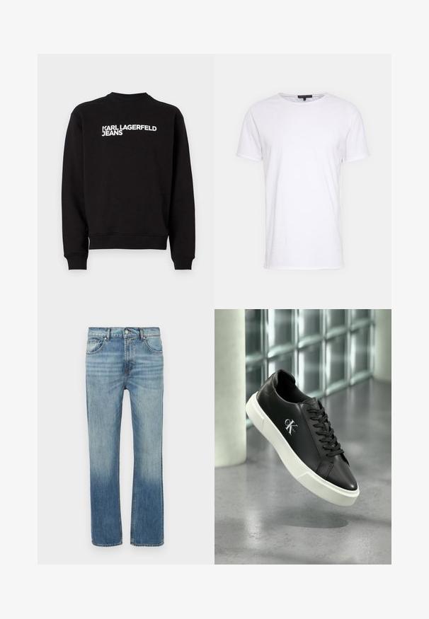 Musta huppari, jossa on pyöreä kaula-aukko ja resorit. Edessä valkoinen teksti "KARL LAGERFELD JEANS". Pehmeä materiaali.; Valkoinen puuvillapaita, jossa on pyöreä kaula-aukko, lyhyt hiha ja suora leikkaus. Ominaisuuksiin kuuluu yksinkertainen, sileä pinta ilman lisäkuvioita.; Vaaleansininen farkkushortsit suoralla lahjemallilla, haalistuneilla yksityiskohdilla, viidellä taskulla ja etukappaleen napillissululla. Saumaompeleet näkyvät saumojen kohdalla.; Musta nahkainen lenkkari, jossa valkoinen kumipohja ja sivussa "CK Calvin Klein" -logo, esitettynä lasitilkkutaustan edessä.