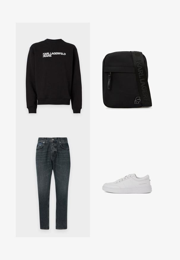 Sort sweatshirt med rund hals og ribbede manchetter. Har hvid tekst "KARL LAGERFELD JEANS" på forsiden. Blødt materiale.; Mørkegrå denim jeans med lige ben design, fem lommer, knaplukning og diskret falming. Lavet af bomuld med en glat tekstur.; Hvide lædersneakers med et klassisk lavtop-design, flad sål og subtilt brandlogo på hælen. Har fem metaløjer til snørebånd.; Sort crossbody taske med forreste lynlåslomme, tykk rem præget med "KARL LAGERFELD" og metal logo detalje i nederste hjørne.