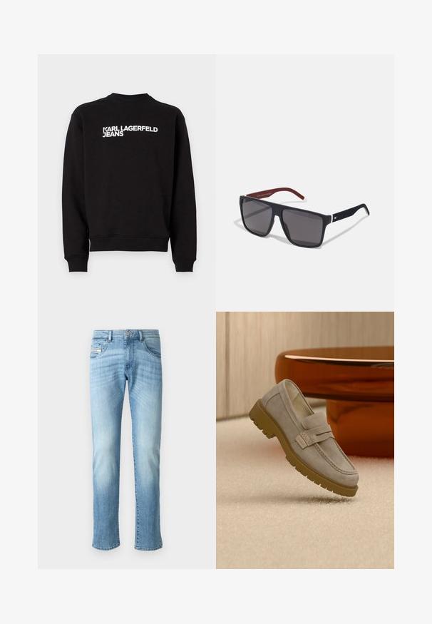 Čierna mikina s okrúhlym výstrihom a rebrovanými manžetami. Na prednej strane obsahuje biely nápis "KARL LAGERFELD JEANS". Mäkkó materiál.; Svetlo modré rovné džínsy so zosvetlenými detailmi, predným gombíkom a dizajnom s piatimi vreckami na pozadí bielej farby.; Svetlosivé semišové mokasíny s masívnou hnedou gumovou podrážkou umiestnené na béžovom koberci pred rozmazaným hnedým okrúhlym stolom.; Tommy Hilfiger Slnečné okuliare - matte blue