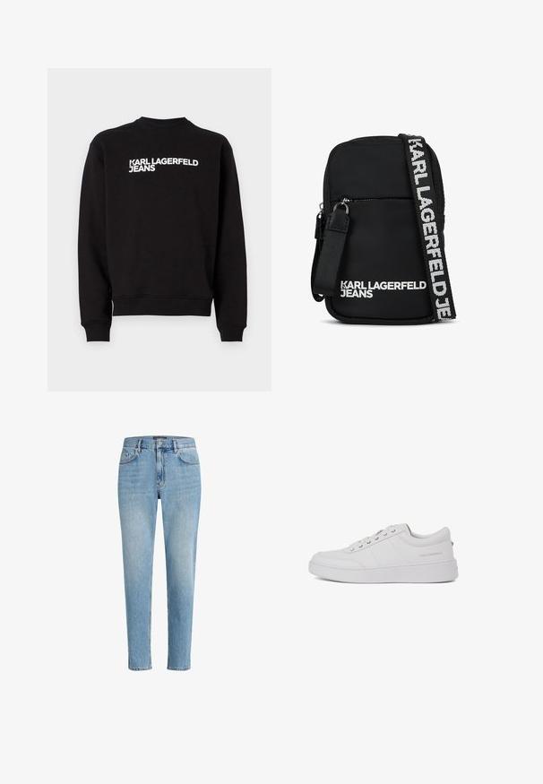 Sweatshirt noir avec un col rond et des poignets en côte. Présente le texte blanc "KARL LAGERFELD JEANS" sur le devant. Matière douce.; Jeans en denim bleu clair avec une coupe décontractée, un design à cinq poches et un léger effet de vieillissement. Comprend une étiquette de marque près de la taille.; Baskets blanches en cuir avec un design classique à tige basse, semelle plate et logo de marque discret sur le talon. Présente cinq œillets métalliques pour les lacets.; Sac bandoulière noir en tissu, de forme rectangulaire, avec une poche avant zippée et une sangle logo contrastante en blanc.