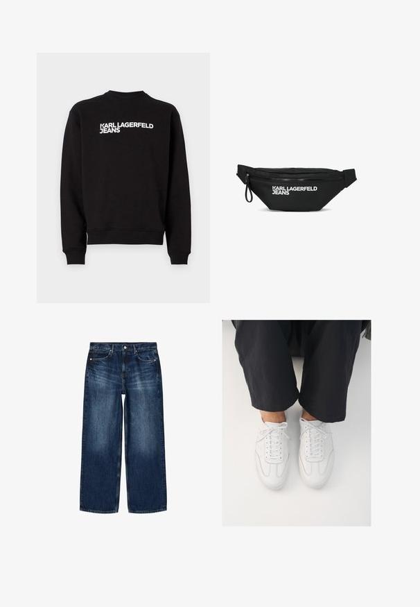 Sudadera negra con cuello redondo y puños acanalados. Presenta el texto blanco "KARL LAGERFELD JEANS" en la parte delantera. Material suave.; Vaqueros de mezclilla azul oscuro de corte recto con bolsillos delanteros, trabillas para cinturón y cierre de botón y cremallera, mostrados planos sobre un fondo blanco.; Zapatillas de cuero blanco con una textura lisa, punta redonda y sistema de cierre clásico, posicionadas sobre pantalones oscuros de corte holgado.; Riñonera negra con cremallera y logo blanco "KARL LAGERFELD JEANS" en el frente, con correa ajustable en ambos lados.