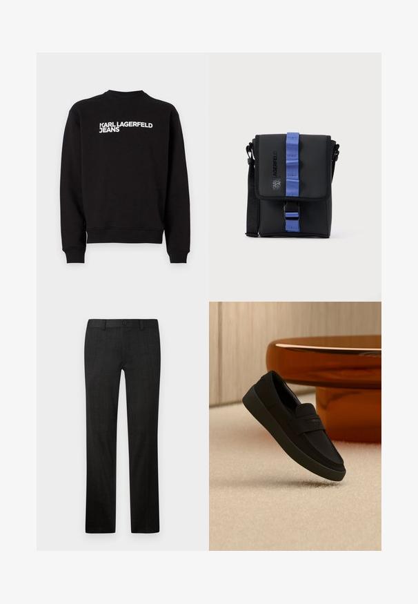 Must musträpiga sweatshirt ümmarguse kaelusega ja ribadega käistes. Esiosas on valge kiri "KARL LAGERFELD JEANS". Pehme materjal.; Mustad kohandatud püksid, mis on valmistatud kauakestvast tekstuuriga kangast, sirge jala disainiga, esiotsa tõmbluku ja nööpkinnitusega.; Mustad libisev loafer paksu tallaga, mis rippub beeži vaiba kohal, taustal moodne pruun ümar laud.; Mustast nailonist ristikott sinise rihmaga, millel on klapiga sulgemine, reguleeritav rihm ja esiküljel logo detail. Kompaktne ristkülikukujuline vorm.