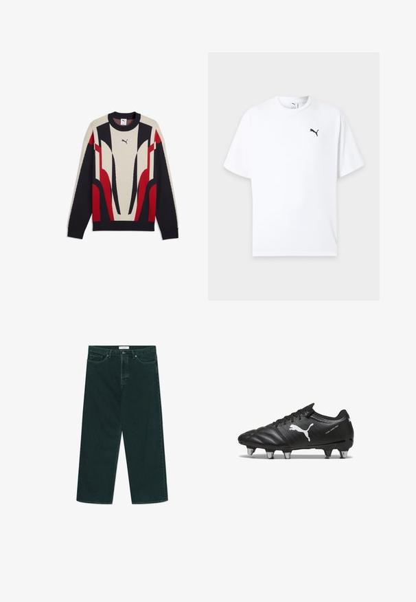 Sweat-shirt Puma à manches longues avec col rond, présentant des motifs géométriques abstraits beige, noir et rouge sur le devant et les manches.; T-shirt blanc à manches courtes col rond avec un petit logo Puma noir sur la poitrine gauche sur un fond clair.; Jeans en denim vert foncé à jambes larges avec fermeture à bouton et à zip, poches avant et passants de ceinture, posés à plat sur un fond blanc.; Bottes de football noires avec un matériau texturé, logo Puma blanc, fermeture à lacets et crampons en métal pour l'adhérence. Le design met l'accent sur la performance et le soutien.