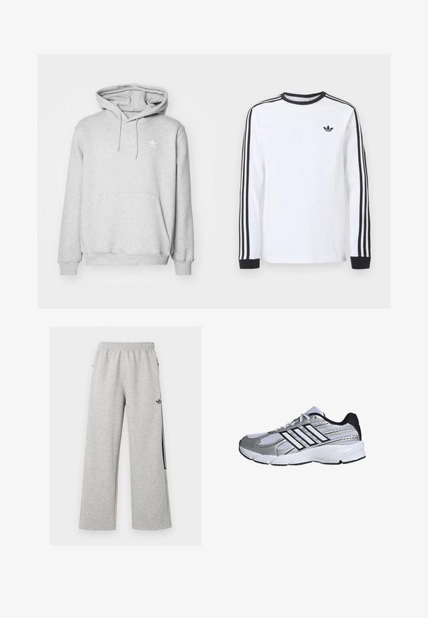 Šedá mikina s klokaním vreckom, nastaviteľnou šnúrkou na kapucni a malým bielym logom na hrudníku. Vyrobená z mäkkého, štruktúrovaného materiálu.; Biele tričko Adidas s dlhým rukávom, čiernym okrúhlym výstrihom, čiernymi manžetami, tromi čiernymi pruhmi na rukávoch a čiernym logom trefoil na hrudi.; Svetlošedé široké tepláky s elastickým pásom a čiernym logom Adidas trefoil na pravom stehne.; Mriežkovaná športová obuv v bielej a striebornej farbe, s čiernymi detailmi, logom troch bielych pruhov, polstrovaným golierom a textúrovanou gumovou podrážkou.