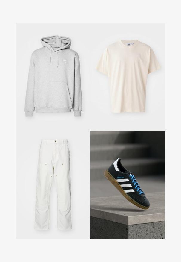 Sudadera gris con un bolsillo tipo canguro, capucha ajustable con cordón y pequeño logotipo blanco en el pecho. Fabricada con material suave y texturizado.; Camiseta de algodón color crema con cuello redondo y mangas cortas; presenta un pequeño logo de color claro en el pecho.; Pantalones cargo de algodón blancos con un corte relajado. Las características incluyen bolsillos frontales, detalles en dorado y secciones de rodilla reforzadas.; Zapatilla negra Adidas con franjas blancas, cordones azules y suela de goma flotando sobre un escalón de hormigón gris con luz suave.
