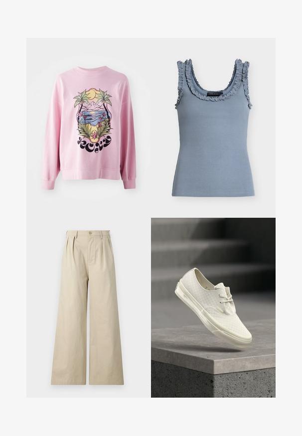 Roze sweatshirt met een levendige grafiek van palmbomen en een strandscene met bergen, zon en bloemdetails. Lange mouwen en ribbelmanchetten.; Mouwloos lichtblauw geribd tanktop met gerimpelde rand langs de halslijn en schouderbandjes, getoond op een effen achtergrond.; Beige wijde broekspijpen van katoen, met plooien, een knoopsluiting en zijzakken, met een gladde en zachte textuur.; Witte lage sneaker met een subtiel dambordpatroon, witte veters en een dikke zool, rustend op een grijze betonnen rand.