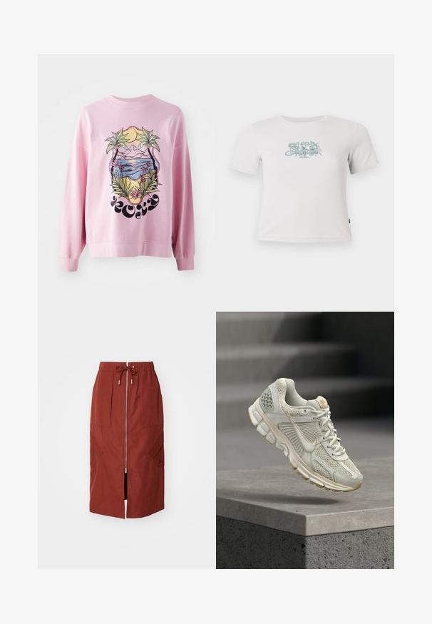 Rosa Sweatshirt mit lebendigem Grafikdesign von Palmen und einer Strandlandschaft mit Bergen, Sonne und floralen Details. Lange Ärmel und gerippte Bündchen.; Kurzes, weißes, geripptes T-Shirt mit kurzen Ärmeln und einem kleinen grünen Blumenmotiv in der Mitte der Brust.; Midikleid in terrakottarot, mit einem Frontreißverschluss, elastischem Bund mit Kordelzug und seitlichen Taschen mit geometrischem Design.; Helle beige Laufschuhe mit Obermaterial aus Mesh, weicher Innenausstattung, Gummisohle und tansfarbigen Akzenten. Auffälliges seitliches Swoosh-Logo und strukturierte Paneele.