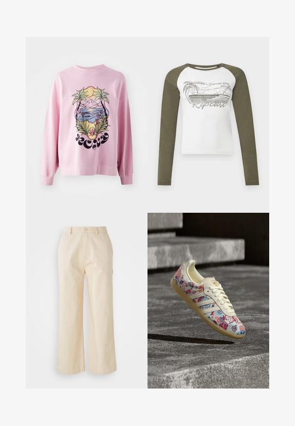 Rosa Sweatshirt mit lebendigem Grafikdesign von Palmen und einer Strandlandschaft mit Bergen, Sonne und floralen Details. Lange Ärmel und gerippte Bündchen.; Langärmliges Raglan-Shirt mit olivgrünen Ärmeln und weißem Körper, mit Palmen, Sonnenuntergang und "Ripcurl"-Schriftzug vorne.; Helle beige, weit geschnittene Hose aus Baumwolle mit glatter Textur, ausgestattet mit einem Frontknopfverschluss und Seitentaschen.; Weißer Sneaker mit roten und blauen Blumenmustern, cremefarbiger Sohle und Schnürsenkeln, der über grauen Betonstufen im Außenbereich schwebt.