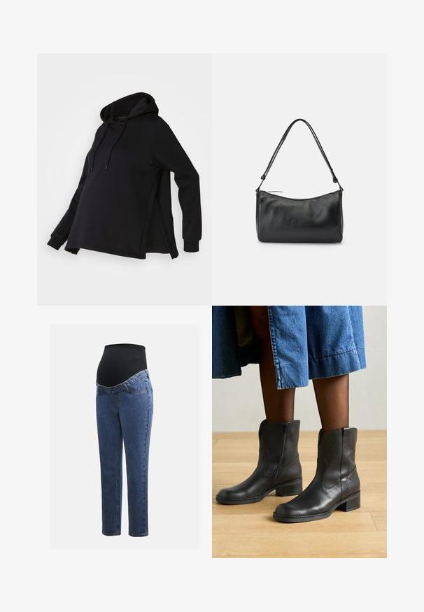 Sort sweatshirt med hætte, med sideskår og lange ærmer. Fremstillet af blødt stof, tilbyder den en afslappet pasform for komfort.; Graviditetsjeans med ben i blå denim og en sort strækbare abdominalpanel designet til at støtte og dække en voksende mave.; Sorte læder ankelstøvler med en lav blokhæl, dekorativ syning og sidelukninger, båret med en denimskirt. Baggrund med trægulv.; Sort læder skuldertaske med en glat overflade, buet form og enkelt lang rem, med en lynlåslukning øverst.