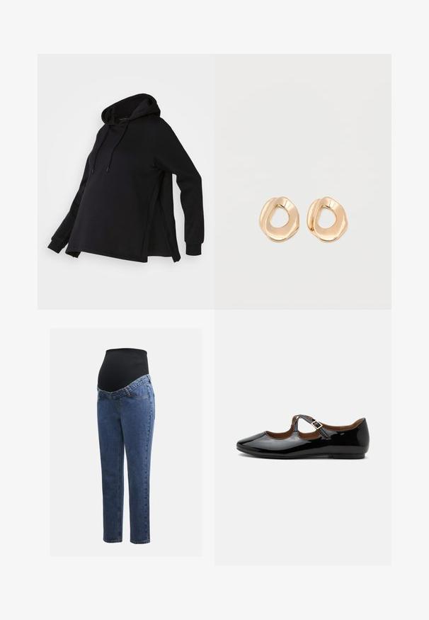 Sweatshirt noir à capuche, avec des fentes sur les côtés et des manches longues. Fabriqué en tissu doux, il offre une coupe décontractée pour le confort.; Jeans de maternité avec des jambes en denim bleu et un panneau abdominal noir extensible conçu pour soutenir et couvrir un ventre qui s'arrondit.; Chaussure plate Mary Jane en cuir verni noir avec deux découpes et une bride à boucle dorée sur fond blanc.; Paired boucles d'oreilles en métal doré poli de forme irrégulière avec un centre ouvert sur un fond blanc uni.