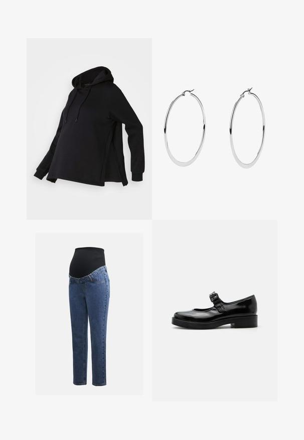 Zwarte sweatshirt met een capuchon, voorzien van zijsplitten en lange mouwen. Gemaakt van zachte stof, biedt het een relaxte pasvorm voor comfort.; Zwangerschapsjeans met blauwe denim benen en een zwart rekbaar buikpaneel, ontworpen om een groeiende buik te ondersteunen en te bedekken.; Zwarte lakleren Mary Jane-schoen met een ronde neus, lage blokhak en een verstelbare gespsluiting over de wreef.; Grote zilveren creolen met een gepolijste metalen afwerking, met een glad, circulair ontwerp en een veilige sluiting.