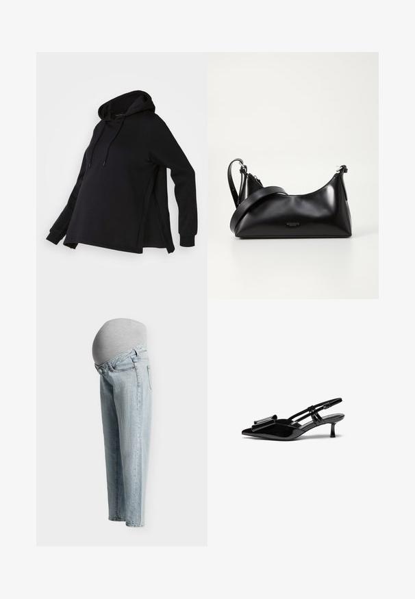 Sort sweatshirt med hætte, med sideskår og lange ærmer. Fremstillet af blødt stof, tilbyder den en afslappet pasform for komfort.; Lyseblå graviditetsjeans med en strækbar grå panel, der dækker graviditetskuglen, vist fra siden på en ensfarvet baggrund.; Sorte patenterede læderslingbacks med spids tå, en sløjfedetalje foran og en lille stilettohæle. Remmene har justerbare spænder.; Sort læderhåndtaske med en glat tekstur. Har en justerbar stropp og et enkelt, minimalistisk design med lynlås.