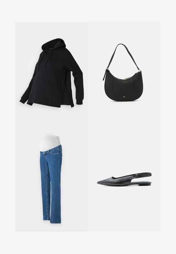 Čierna mikina s kapucňou, so bočnými rozparkom a dlhými rukávmi. Vyrobená z jemného materiálu, ponúka voľný strih pre pohodlie.; Vero Moda Maternity Straight fit maternity - Džínsy s rovným strihom - medium blue denim; Čierna kožená špicatá dámska obuv s plochou podrážkou, nízkym podpätkom a nastaviteľným remienkom na svetlom pozadí.; Čierna kožená kabelka s zakriveným tvarom, štruktúrovaným povrchom, prednými švami a zlatým logom. Obsahuje jeden nastaviteľný popruh.