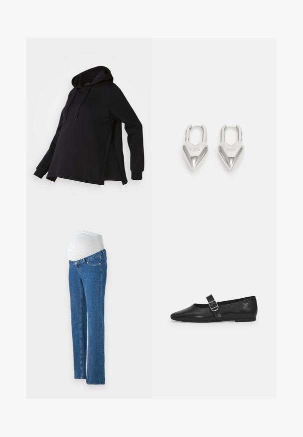 Zwarte sweatshirt met een capuchon, voorzien van zijsplitten en lange mouwen. Gemaakt van zachte stof, biedt het een relaxte pasvorm voor comfort.; Vero Moda Maternity Straight fit maternity - Straight leg jeans - medium blue denim; Zwarte leren platte schoen met een ronde neus, een enkele verstelbare gespsluiting en een gladde, glanzende textuur. Minimalistisch ontwerp met een lage hak.; Zilveren hartvormige hangsloten met gegraveerde teksten "JA" en "NEE", gepolijst oppervlak, symmetrisch ontwerp en een robuuste metalen sluiting.