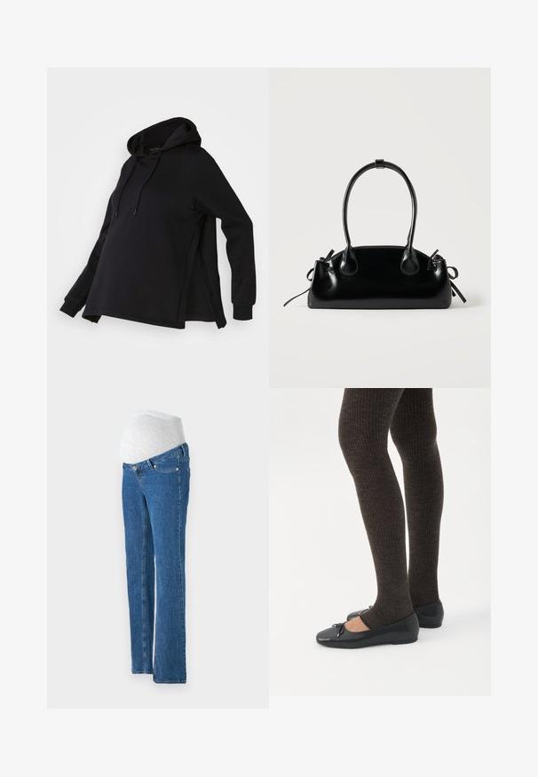 Zwarte sweatshirt met een capuchon, voorzien van zijsplitten en lange mouwen. Gemaakt van zachte stof, biedt het een relaxte pasvorm voor comfort.; Vero Moda Maternity Straight fit maternity - Straight leg jeans - medium blue denim; Benen met donkere geribbelde leggings gecombineerd met zwarte ballerina's met kleine strikdetails op een witte achtergrond.; Kleine zwarte glanzende handtas met twee lange hengsels en zijkant trekkoord details op een effen lichte achtergrond.