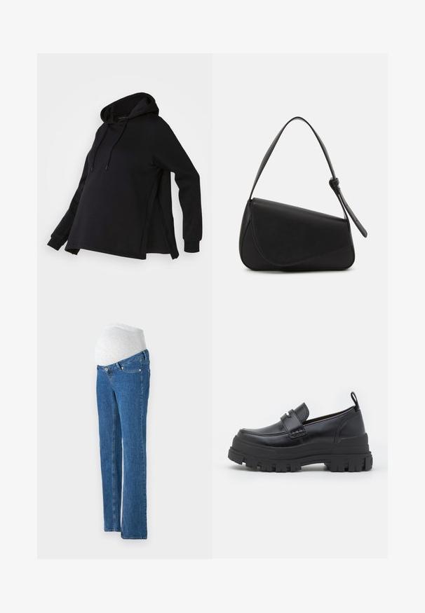 Sort sweatshirt med hætte, med sideskår og lange ærmer. Fremstillet af blødt stof, tilbyder den en afslappet pasform for komfort.; Vero Moda Maternity Straight fit maternity - Jeans Straight Leg - medium blue denim; Sort læderloafer med tyk rillede sål, mok tå syning, remdetalje over toppen og trækstrop på hælen, vist i sideprofil.; Sort læderhåndtaske med en triangular form, skrå klap og et rundt håndtag. Har en glat overflade og minimalistiske design detaljer.