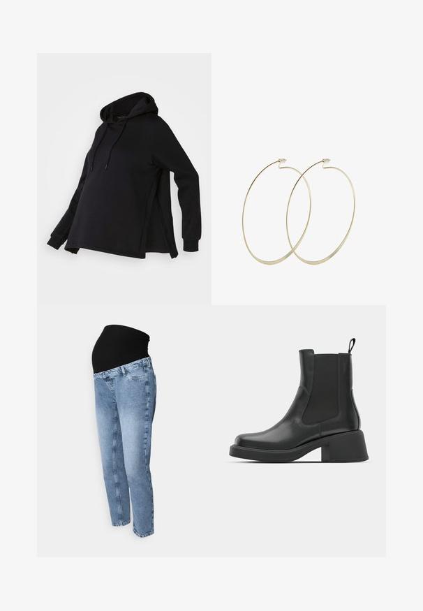 Sort sweatshirt med hætte, med sideskår og lange ærmer. Fremstillet af blødt stof, tilbyder den en afslappet pasform for komfort.; Graviditets-jeans med en sort strækbare talje og lyseblå denim. Lige ben-design med klassisk fem lomme-stil og falmet vask.; Sorte læder ankelstøvler med elastiske sidepaneler, afrundet tå og en kraftig blokhæl. Glat tekstur med et minimalistisk design.; Pilgrim Øreringe - gold-coloured