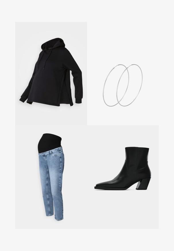Zwarte sweatshirt met een capuchon, voorzien van zijsplitten en lange mouwen. Gemaakt van zachte stof, biedt het een relaxte pasvorm voor comfort.; Zwangerschapsjeans met een zwarte rekbare tailleband en lichtblauwe denim. Rechte pijpontwerp met klassieke vijf-pocket stijl en vervaagde was.; Zwarte leren enkelboot met een spitse neus, een slanke silhoeet en een chunky vierkante hak. Gladde textuur met minimale stikdetails.; Zilveren hoepel oorbellen met een minimalistisch ontwerp. Cirkelvormig, gladde textuur en dun profiel. Lichtgewicht met een gepolijste afwerking.