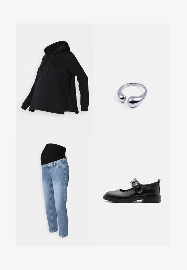 Zwarte sweatshirt met een capuchon, voorzien van zijsplitten en lange mouwen. Gemaakt van zachte stof, biedt het een relaxte pasvorm voor comfort.; Zwangerschapsjeans met een zwarte rekbare tailleband en lichtblauwe denim. Rechte pijpontwerp met klassieke vijf-pocket stijl en vervaagde was.; Zwarte leren Mary Jane-schoen met dikke zool, afgeronde neus, zilveren gespsluiting en een treklus aan de achterkant.; Zilveren metalen ring met een gladde, gepolijste oppervlakte; heeft twee bolvormige uiteinden die een open ontwerp creëren. Ronde binnenkant.