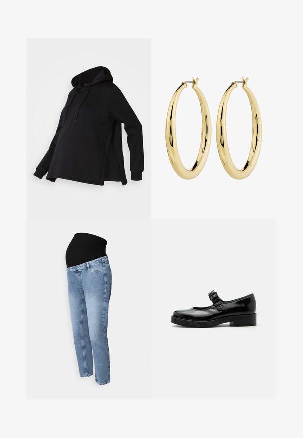 Sort sweatshirt med hætte, med sideskår og lange ærmer. Fremstillet af blødt stof, tilbyder den en afslappet pasform for komfort.; Graviditets-jeans med en sort strækbare talje og lyseblå denim. Lige ben-design med klassisk fem lomme-stil og falmet vask.; Sort laklæder Mary Jane-sko med rund tå, lav blokhæl og justerbar spænde-rem over vristen.; Guld hoops øreringe med en glat, poleret overflade. Cirkelformet, med en sikker lås på toppen. Overfladen reflekterer lys.