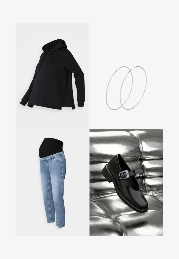 Sort sweatshirt med hætte, med sideskår og lange ærmer. Fremstillet af blødt stof, tilbyder den en afslappet pasform for komfort.; Graviditets-jeans med en sort strækbare talje og lyseblå denim. Lige ben-design med klassisk fem lomme-stil og falmet vask.; Sorte læder Mary Jane sko med firkantet tå, en sølv spænde accent og en chunky lav hæl, sat mod en glansfuld sølv baggrund.; Sølvøreringe med et minimalistisk design. Cirkulær form, glat tekstur og tynd profil. Letvægtige med en poleret overflade.