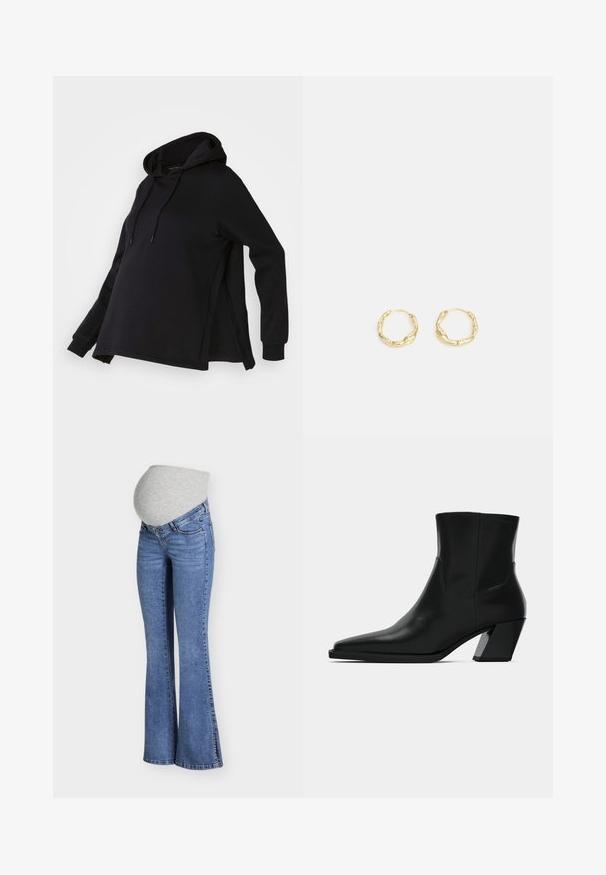 Sort sweatshirt med hætte, med sideskår og lange ærmer. Fremstillet af blødt stof, tilbyder den en afslappet pasform for komfort.; Blå slagte graviditetsjeans med en elastisk grå talje, designet til at rumme en gravid mave.; Sortlæder ankelstøvle med spids tå, en slank silhuet og en kraftig firkantet hæl. Glat tekstur med minimale stikninger.; Guld hoops øreringe med en tekstureret, ujævn overflade. Har et let design og cirkulær form, egnet til hverdagsbrug.