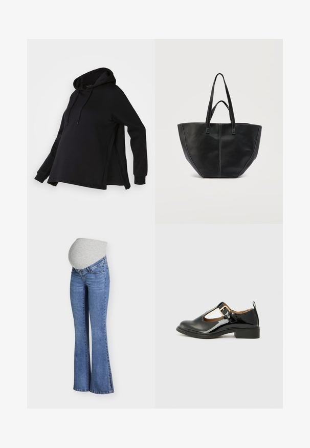 Sort sweatshirt med hætte, med sideskår og lange ærmer. Fremstillet af blødt stof, tilbyder den en afslappet pasform for komfort.; Blå slagte graviditetsjeans med en elastisk grå talje, designet til at rumme en gravid mave.; Sorte lakerede Mary Jane-sko med rund tå, ankelrem, guldbeslag og lav blokhæl. Glat tekstur.; Sort lædertaske med to håndtag og kontrastfuld hvid syning, med en bred, struktureret form og detaljer med central søm.