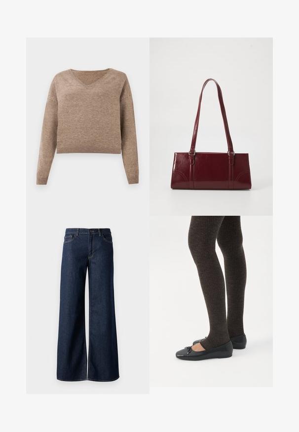 Pull en maille beige clair avec décolleté en V, manches longues et ourlet côtelé. Texture douce avec un design légèrement court et sans motifs visibles.; Jean large en denim bleu foncé. Présente des coutures contrastées, cinq poches et une fermeture par bouton à la taille. Texture lisse.; Jambes portant des leggings côtelés foncés associés à des ballerines noires avec de petits détails en nœud sur fond blanc.; Sac à main bordeaux en matériau brillant, de forme rectangulaire, avec deux anses et des accents légèrement courbés à l'avant.